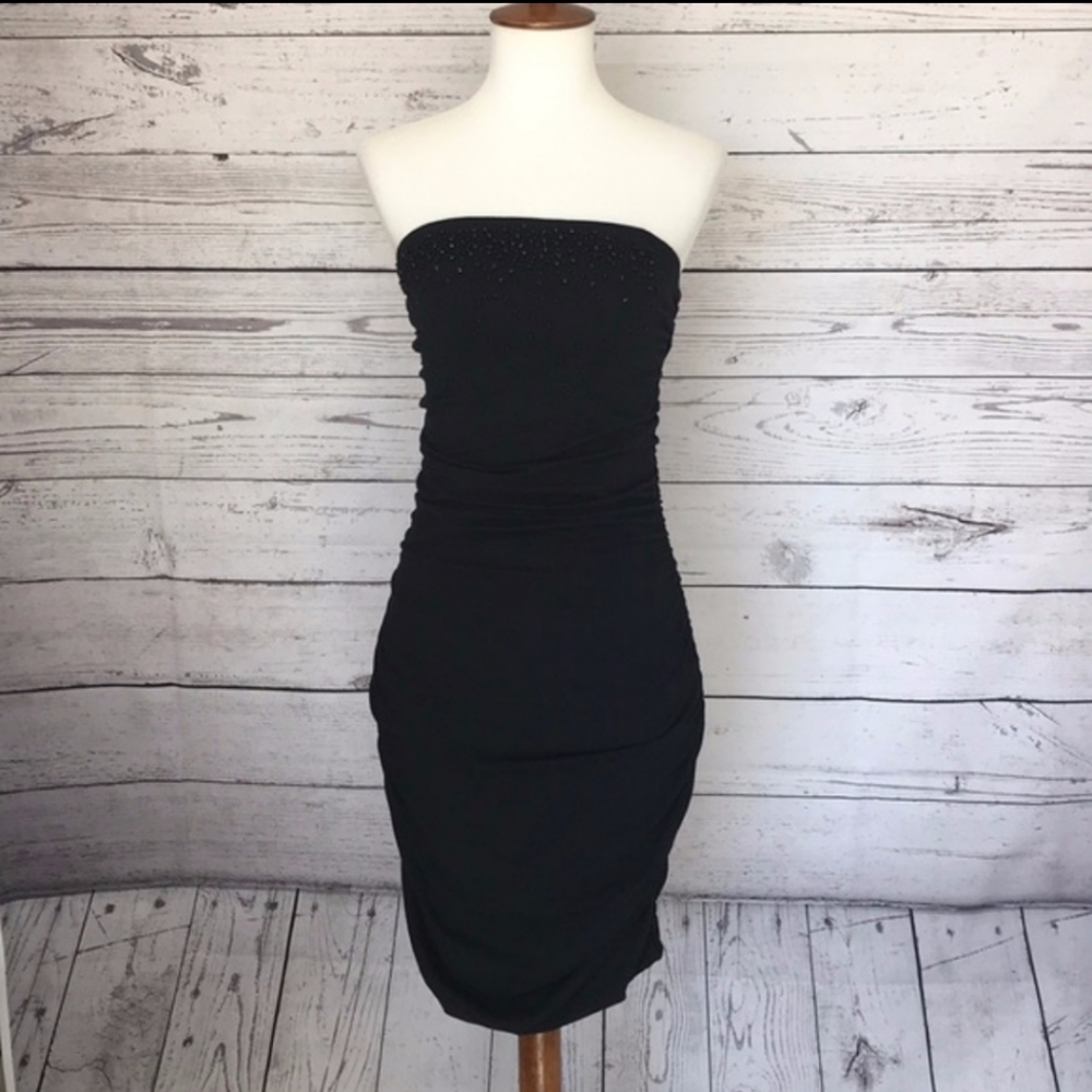EXPRESS Strapless Black Beaded Ruched Dress Pima Cotton XS